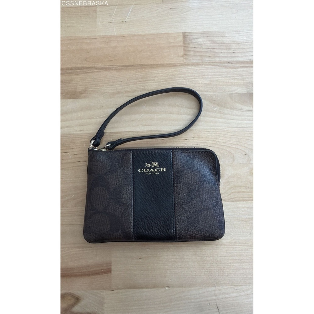 Coach Brown Signature Canvas Corner Zip Wristlet Black Leather‎ Gold Hardware